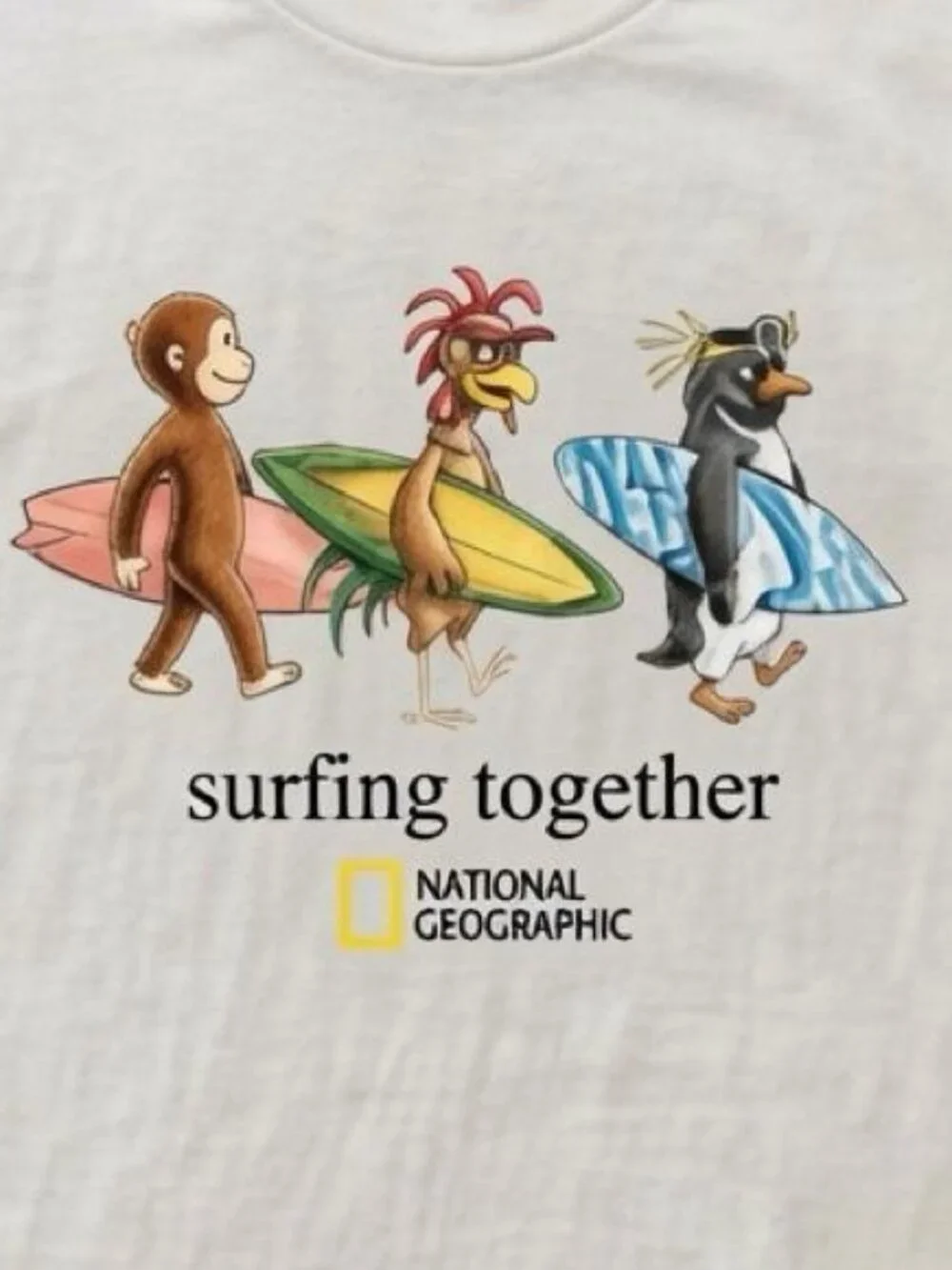 White National Geographic Curious George Surfing Together T-Shirt